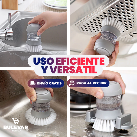 CEPILLO PARA PLATOS CON DISPENSADOR DE JABÓN.